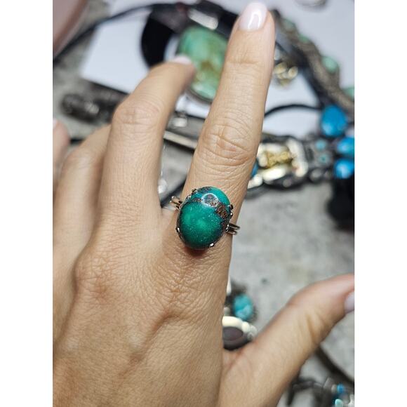 Vintage 14K White Gold Natural Turquoise Solitaire Ring Size 9.25 - Picture 5 of 5